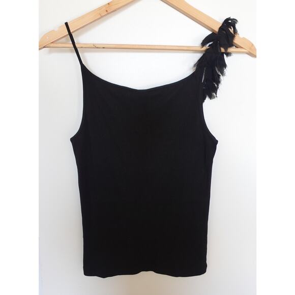 Carolina Herrera Tank Top Womens Medium Black Ruffle Rosette Asymmetrical Party - Picture 4 of 11